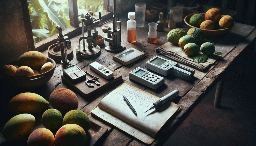 Handheld refractometer and pH meter on a rustic lab table for evaluating local fruit quality in MBG programs.