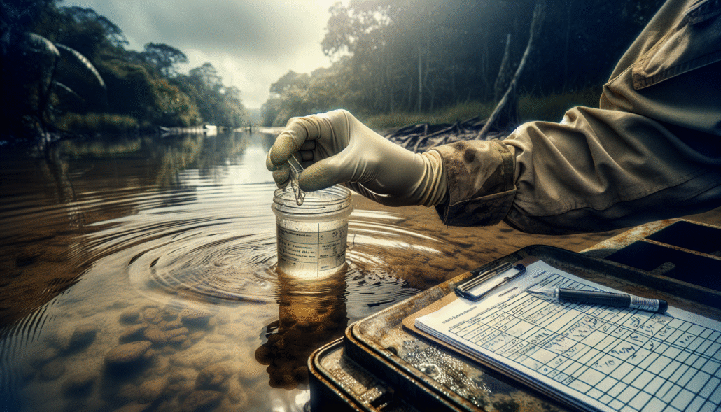 Field scientist in protective gloves collecting a water sample from a murky tropical river for Nipah virus surveillance in an endemic area.