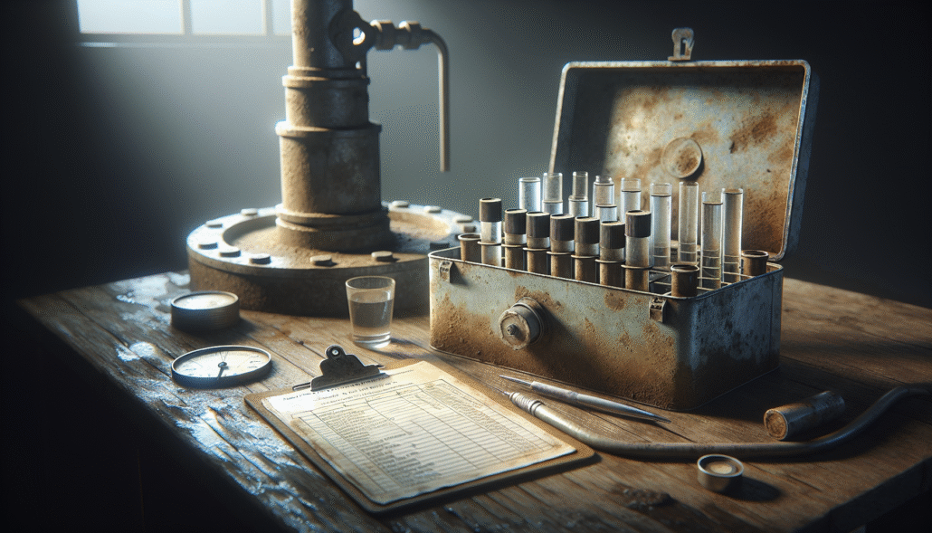 Weathered metal water testing kit and sample bottles on a wooden table next to a well cover, for a complete guide to testing well water quality after the Cisadane flood.