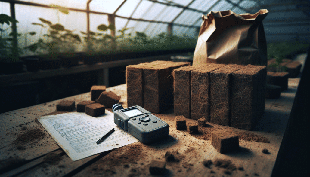Portable soil moisture meter on cocopeat blocks next to a lab report, comparing field and lab analysis methods.