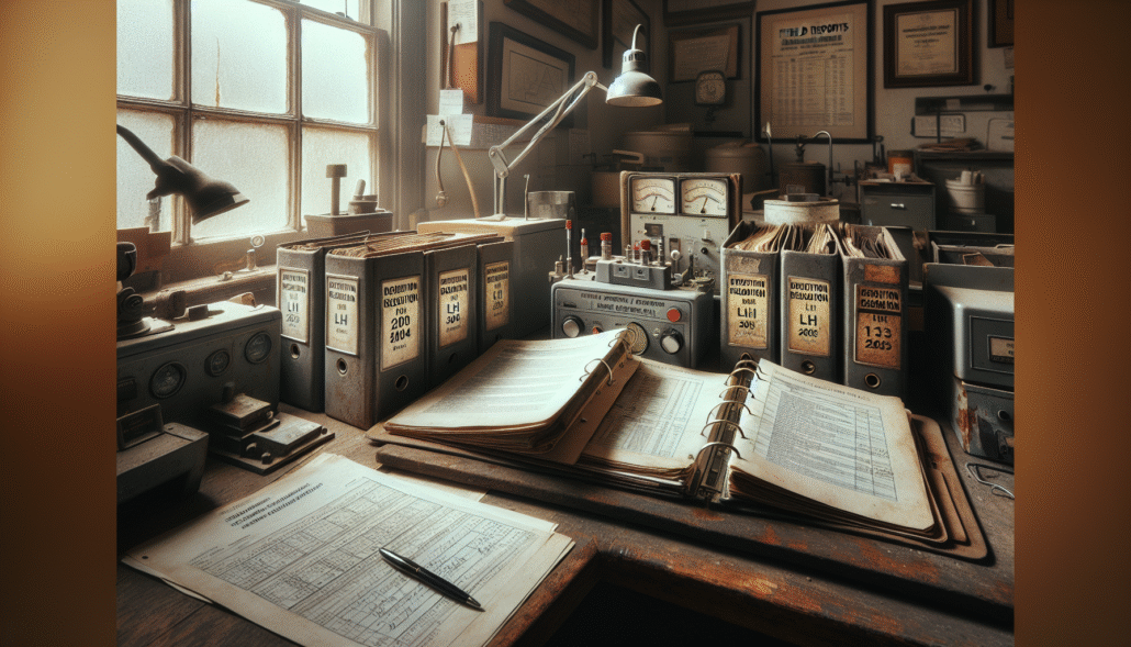 Two open binders for Kepmen LH 202/2004 and 113/2023 on a mining engineer's desk with water quality meters, illustrating a practical analysis for air limbah tambang.
