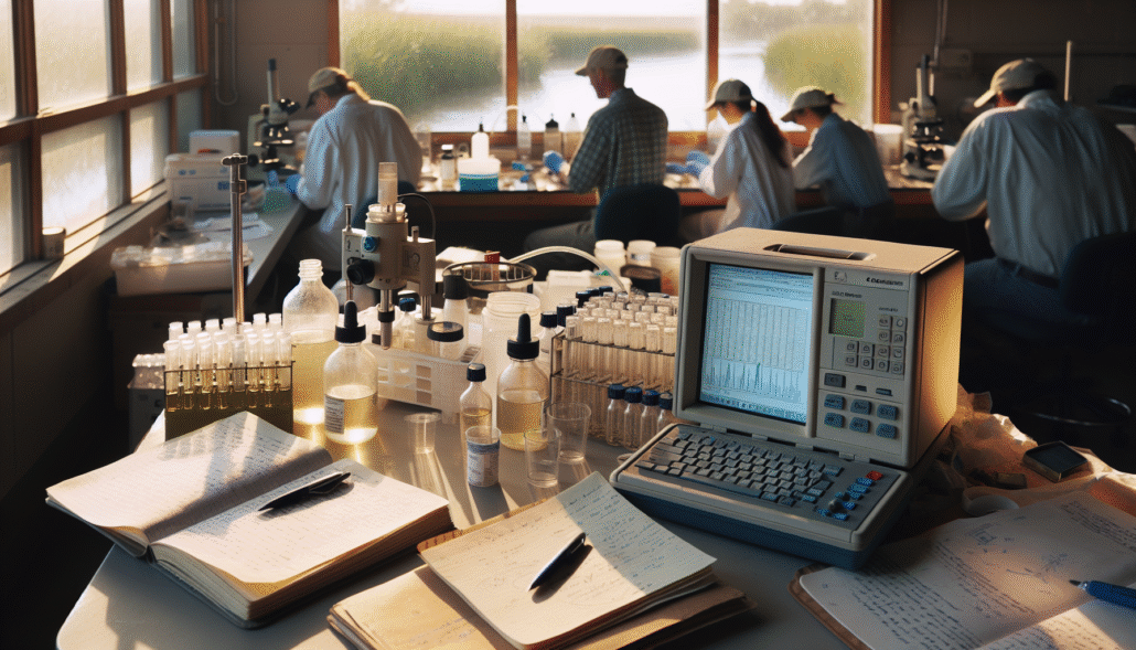 Environmental scientist conducting pesticide analysis on water samples from the Cisadane River in a field laboratory.