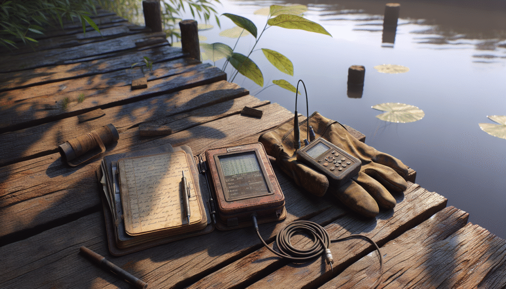 Portable DO meter with data logging screen on a wooden dock, measuring water quality for environmental audit and ESG compliance.