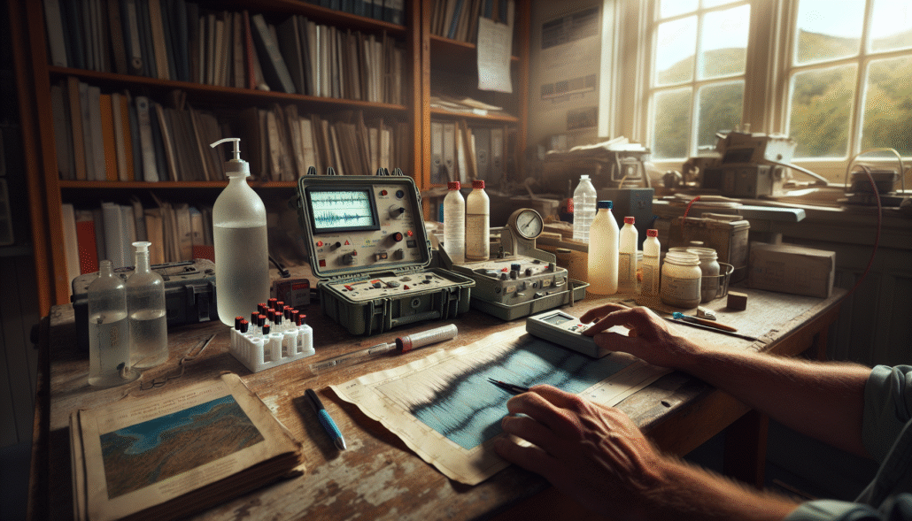 A technician calibrates a water quality meter on a field lab table with a seismograph printout, monitoring post-earthquake water chemistry stability.