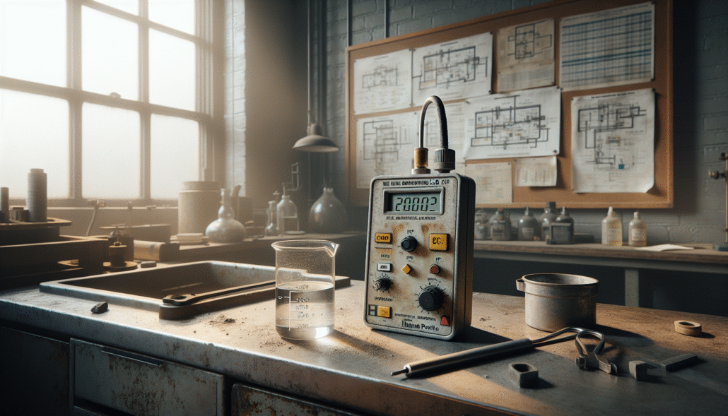 A Hanna HI98193 portable meter monitoring nickel smelter wastewater on a workbench, with environmental data dashboard in background.