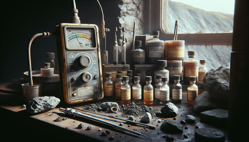 A rugged pH probe and calibration workstation in a mining environment, showing authentic patina and mineral deposits for stable pH readings.