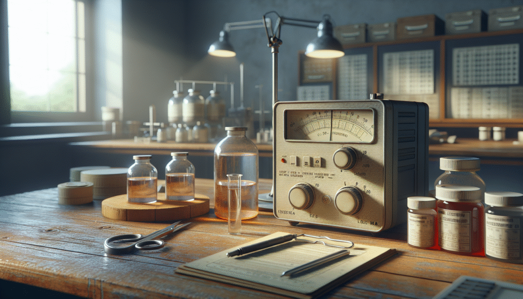 Weathered EC meter and calibration solutions on a wooden lab table for consistent insecticide mixing.