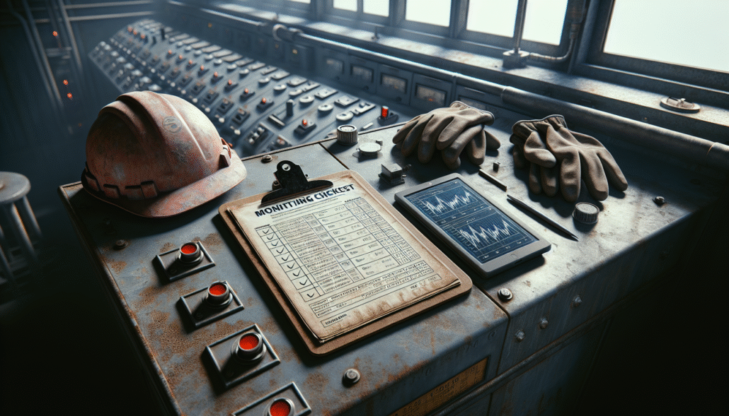 A weathered clipboard with monitoring checklists on a nickel smelter RKEF control panel, with a tablet showing real-time data graphs, illustrating ESG compliance monitoring.