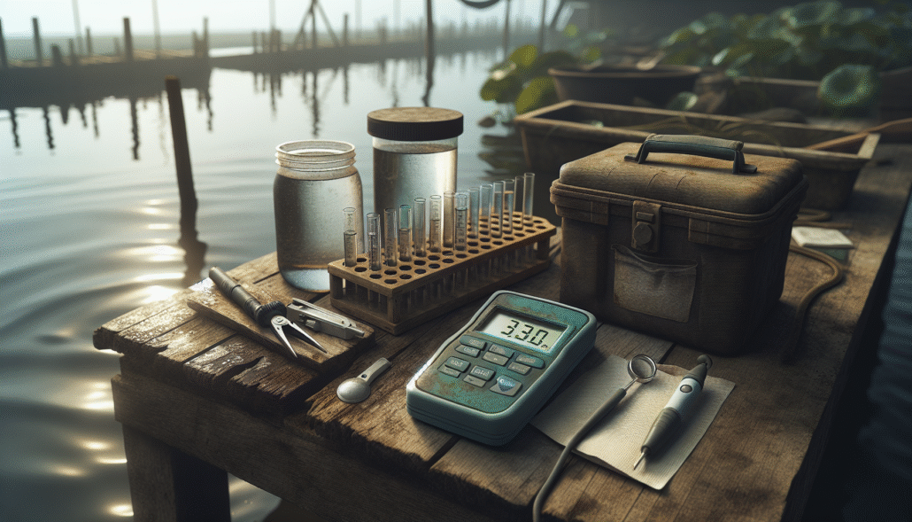 A weathered aquaculture monitoring station at a pond edge, featuring a digital pH meter and TDS tester for daily water quality management.