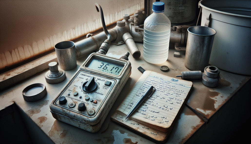 Industrial technician's workspace with a conductivity and TDS meter, notebook, and sample bottle for monitoring sedimentation pond water quality.
