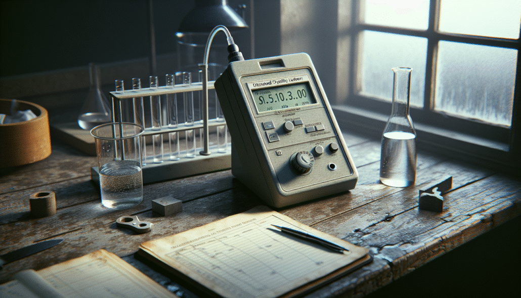 Dissolved oxygen meter on a lab bench with calibration logbook and water sample for ISO 17025 audit verification.