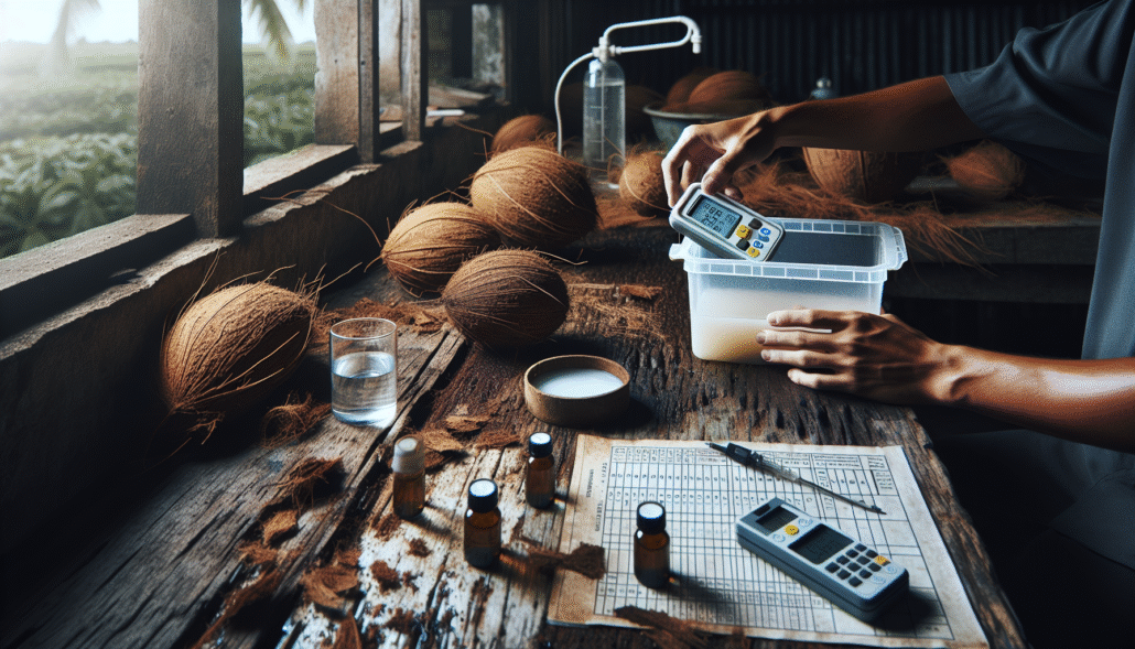 Technician using a digital pH and EC meter to test moist cocopeat in a clear container on a wooden table with calibration charts.