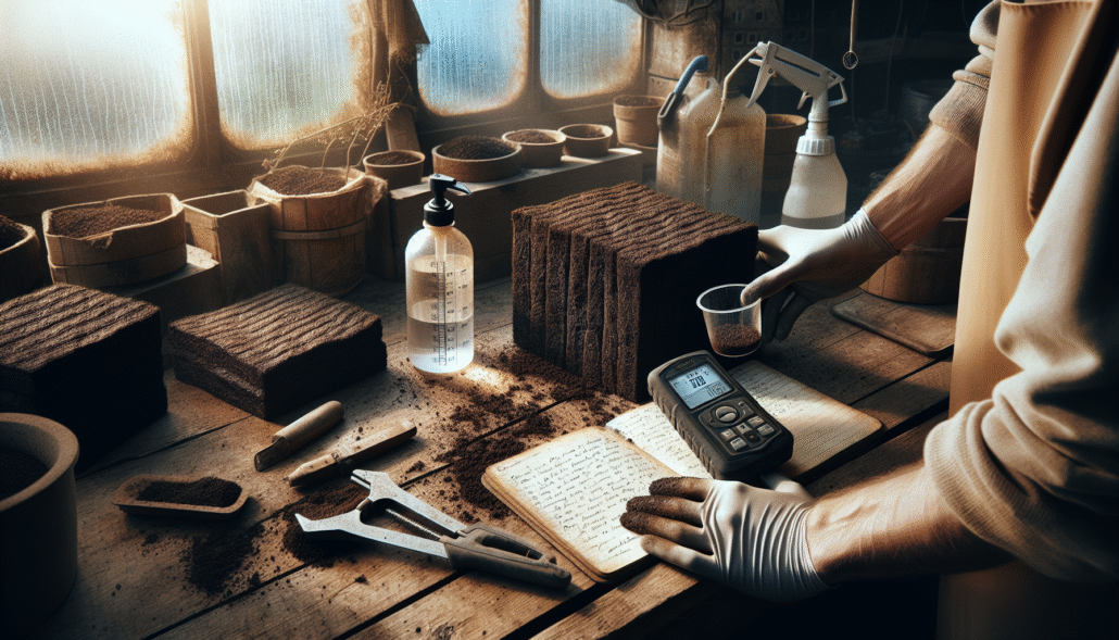 A gardener's hands using a digital pH meter and EC/TDS meter to test a sample of dark cocopeat media for hydroponics.