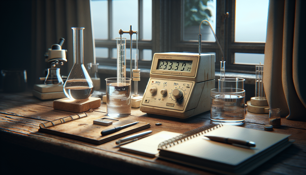 Close-up of a professional lab bench with a pH meter, EC/TDS meter, and digital thermometer for precise measurement in safe agrochemical formulation.