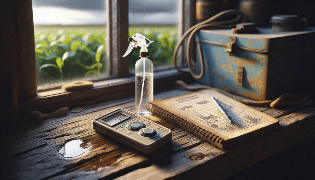 Weathered pH meter and herbicide spray bottle on a wooden workbench, illustrating the critical pH range for systemic herbicide stability.