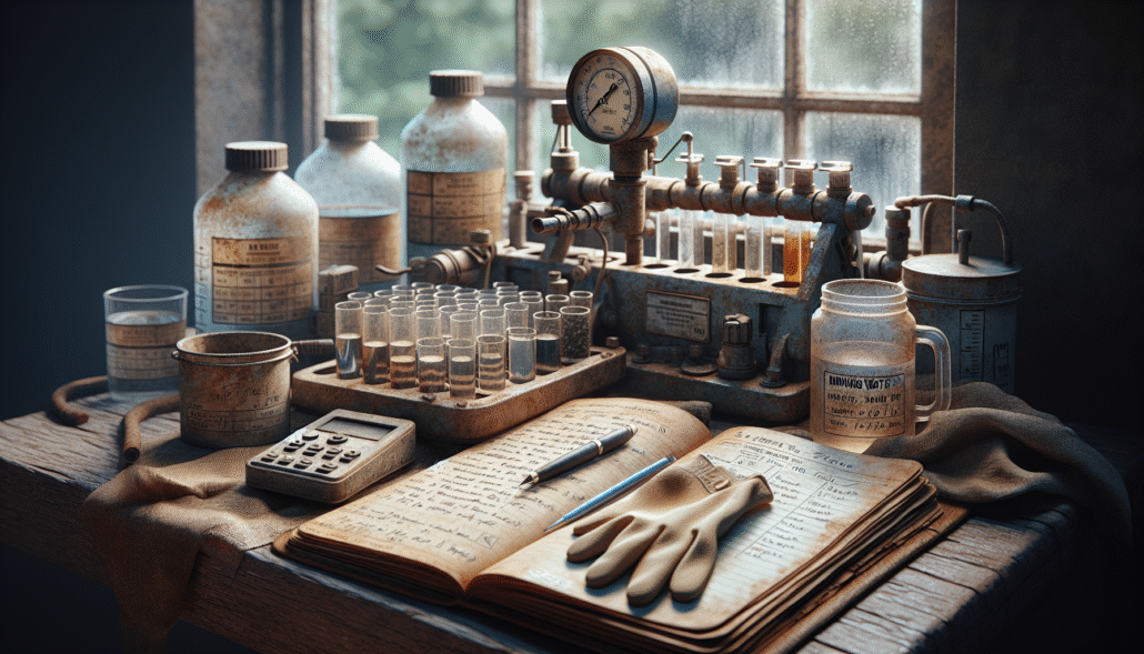 Weathered mining water sampling kit on a wooden table, featuring a calibrated pH meter, TDS meter, and labeled bottles for accurate pH and TDS measurement.