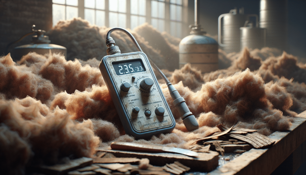 Weathered pH/EC/TDS meter with probe on raw cocopeat in an industrial processing environment.