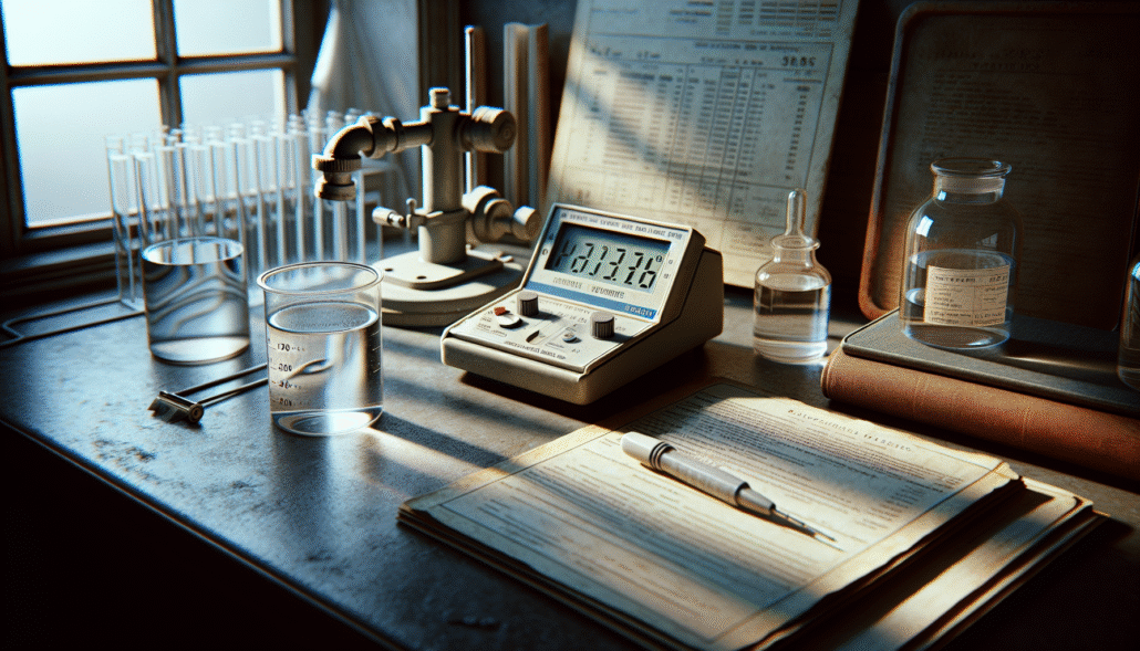 Digital TDS/EC meter showing low readings next to a beaker of crystal-clear demineralized water on a lab bench, illustrating standards for ZPT formulation.