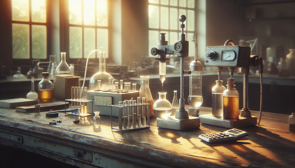 Close-up of a CPO quality analysis laboratory setup with titration equipment on a wooden benchtop, showcasing key parameters and procedures for testing crude palm oil.