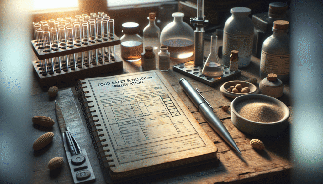 Notebook terbuka dengan laporan analisis kimia dan peralatan laboratorium untuk validasi gizi dan keamanan pangan Program MBG.