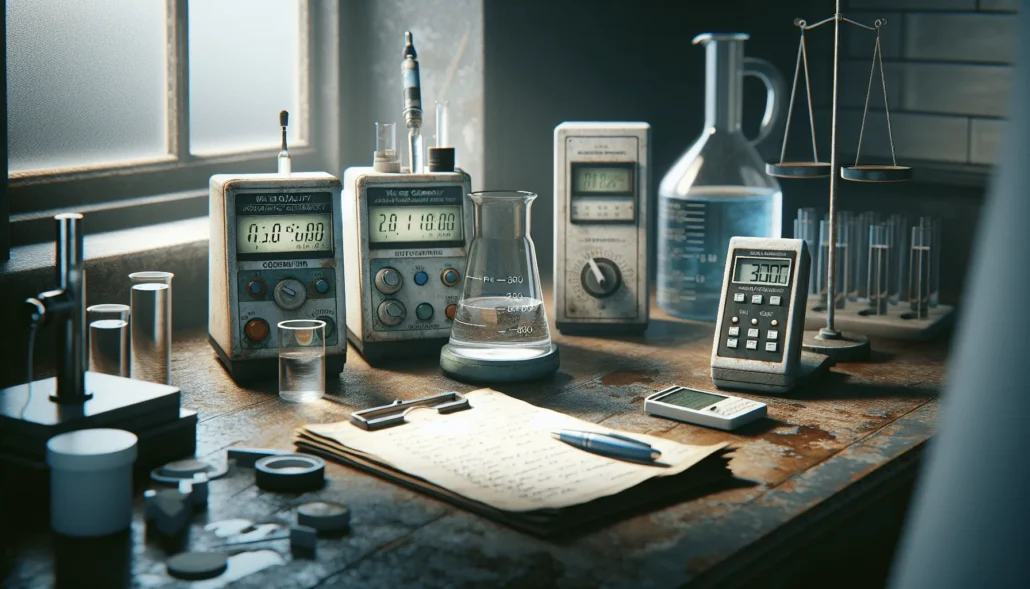 Essential water quality meters for agrochemical compliance: pH meter, EC/TDS meter, and digital thermometer on a lab bench with a sample and checklist.