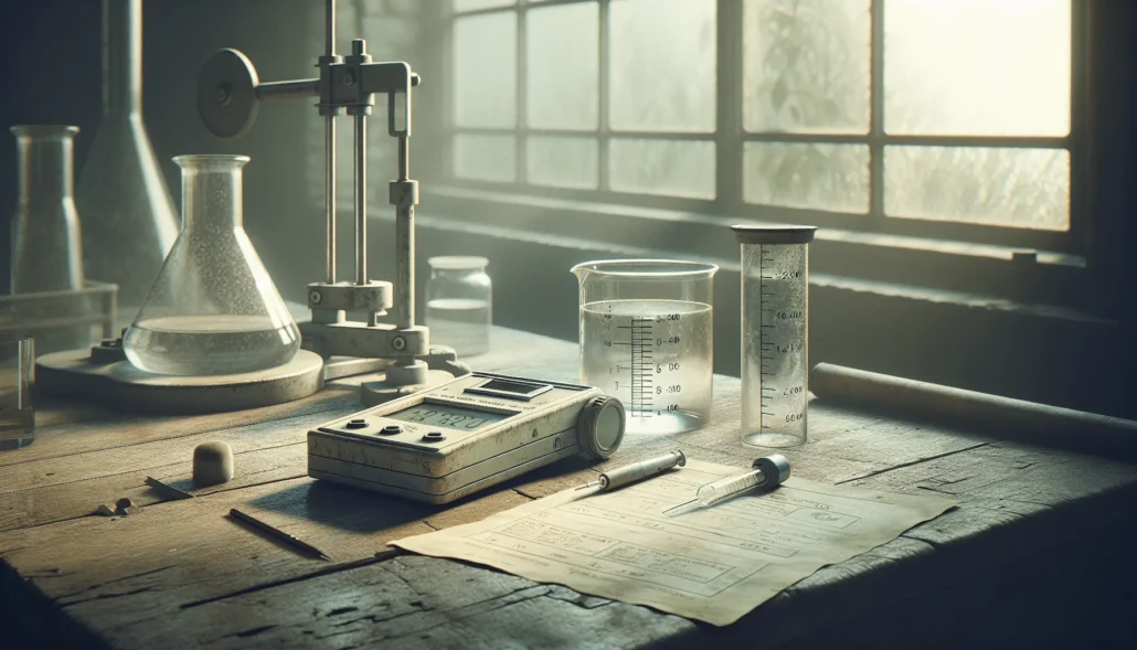 Portable water quality meter and lab glassware on a worn table in an agrochemical plant for cost-accuracy analysis.