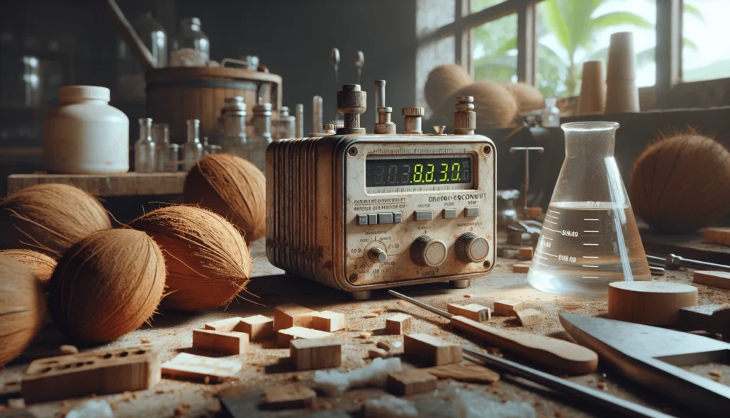 A weathered portable multiparameter meter on a rustic workbench in an organic coconut processing plant, showing a clear digital readout for water and acid testing.