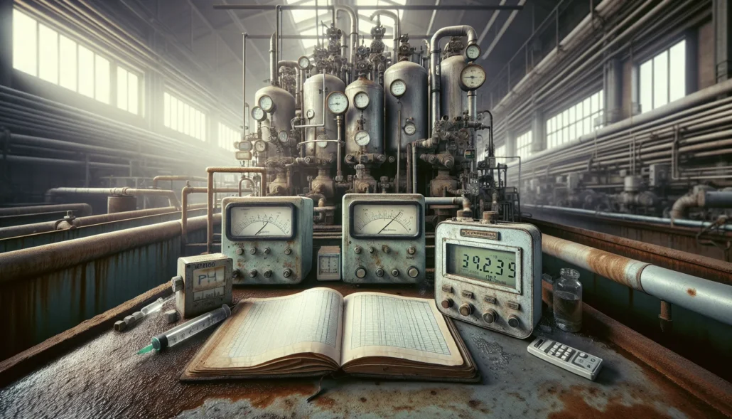 Close-up of industrial evaporator pH monitoring equipment and brine sampling tools on a workbench with a timer set to two hours, illustrating preventive maintenance to prevent corrosion.