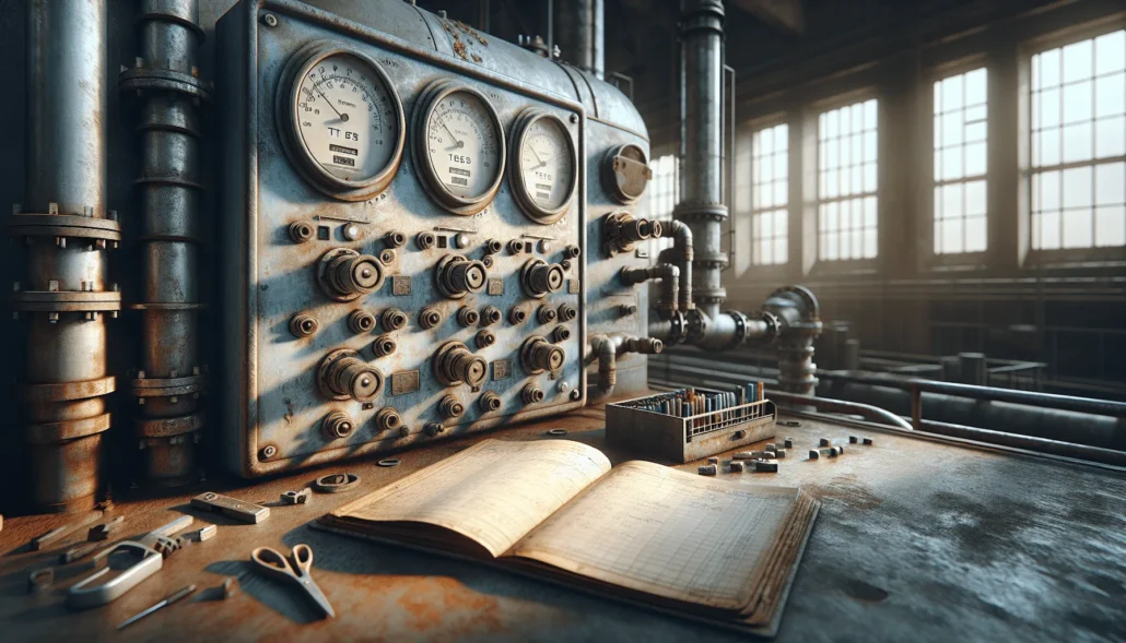 TDS meter display on an industrial cooling tower control panel showing scaling prediction readings in a weathered workplace environment.