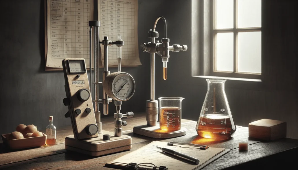 Refractometer measuring amber coconut sugar syrup for export quality control in a professional food lab.