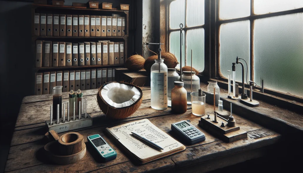Professional organic coconut quality control workspace with pH meter, EC/TDS meter, and digital thermometer for HACCP integration.