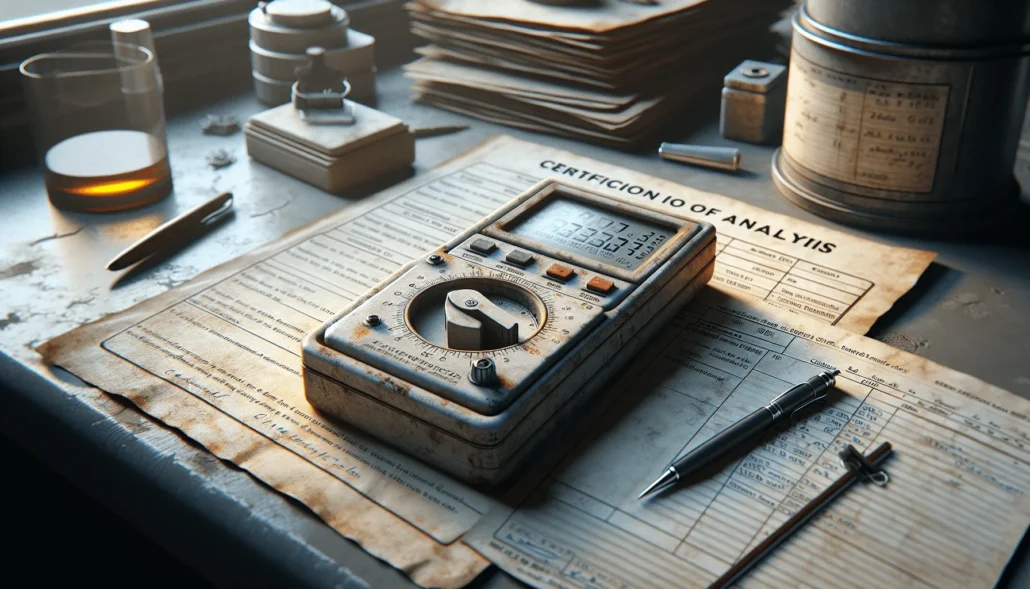 Portable meter resting on a daily QC logbook next to material certification in an industrial lab, illustrating integration for material certification.
