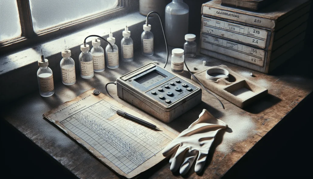 Professional food safety auditor calibrating a multiparameter meter for HACCP audit on a worn wooden lab bench with calibration standards and logbook.