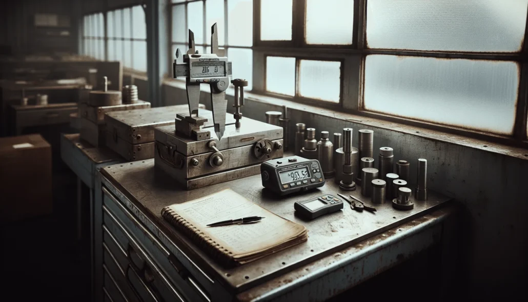 Weathered aluminum warehouse workspace with field measurement tools for environmental audit, including a digital caliper and environmental meter on a metal workbench.