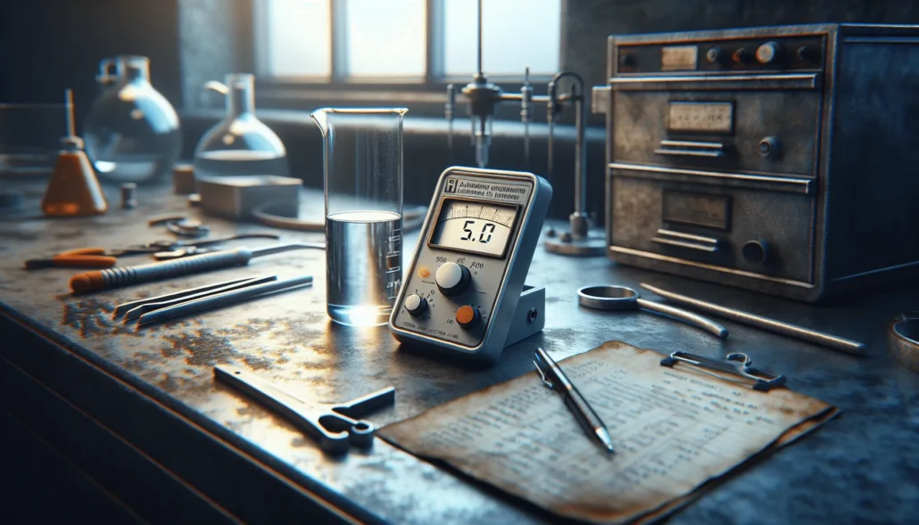 pH meter reading 5.0 on a workbench for chemical cleaning of aluminium, highlighting critical pH monitoring.