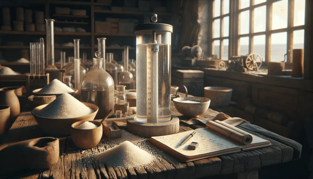 Weathered hydrometer measuring salinity in a glass cylinder on a wooden table, with pH meter and notebook, for producing quality salt.