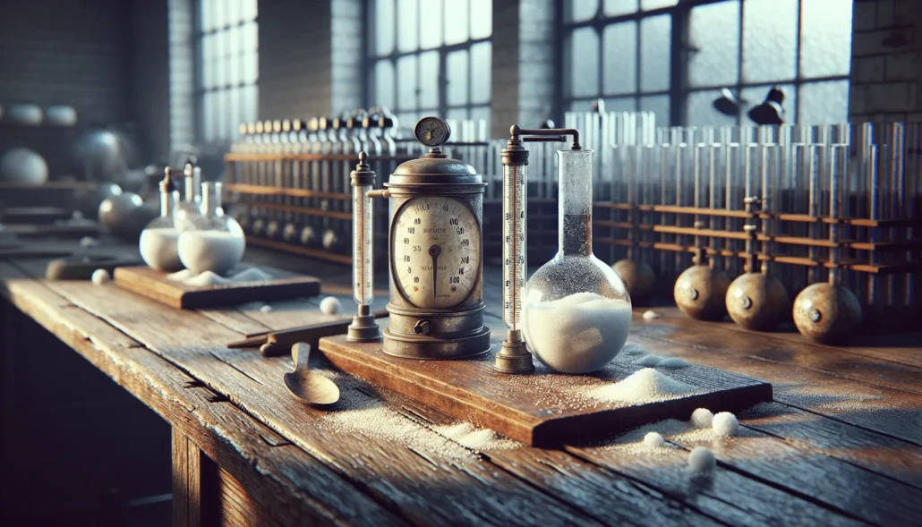 Weathered industrial thermometers and glass beakers on a workbench in a salt processing facility, illustrating practical protocol for measuring salt crystallization temperature.