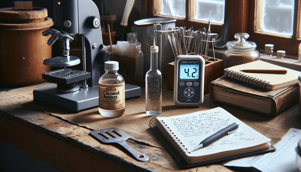 Digital pH meter displaying 4.2 next to a bottle of coconut aminos in a food safety lab, highlighting the critical pH range for HACCP quality.