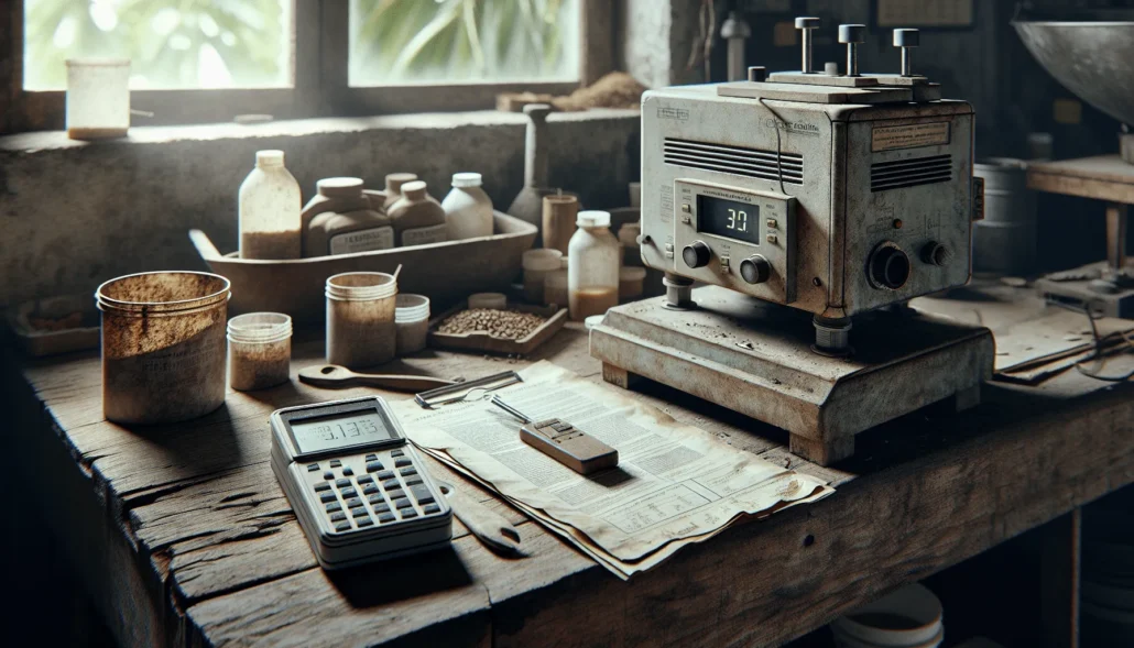A portable moisture meter and a laboratory benchtop analyzer on a wooden workbench in an organic coconut processing facility, comparing efficient quality control strategies.