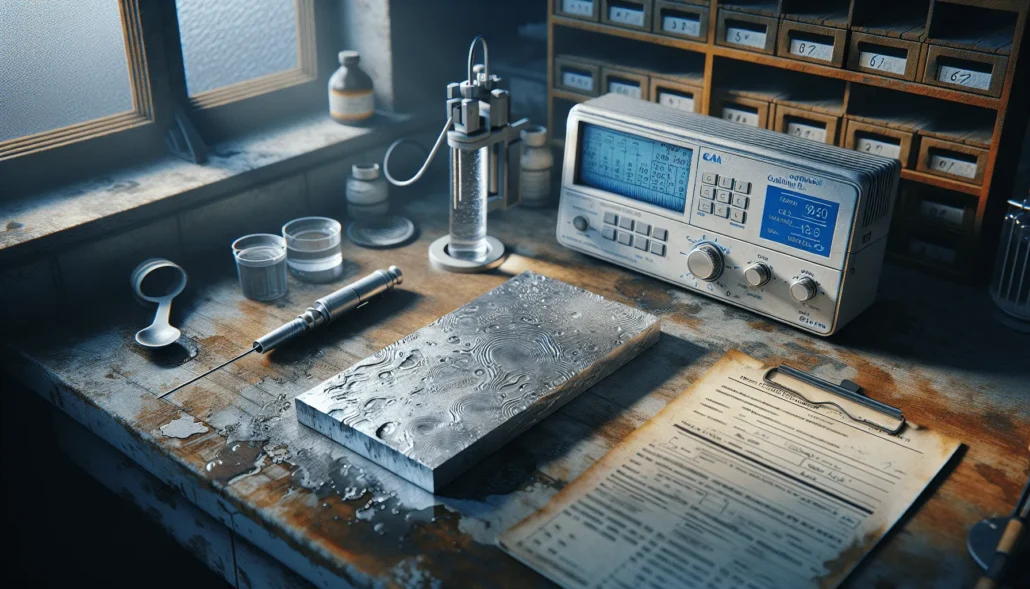 Weathered aluminum sheet sample on a laboratory workbench with a multi-parameter water quality meter displaying pH, EC, TDS, and temperature readings.