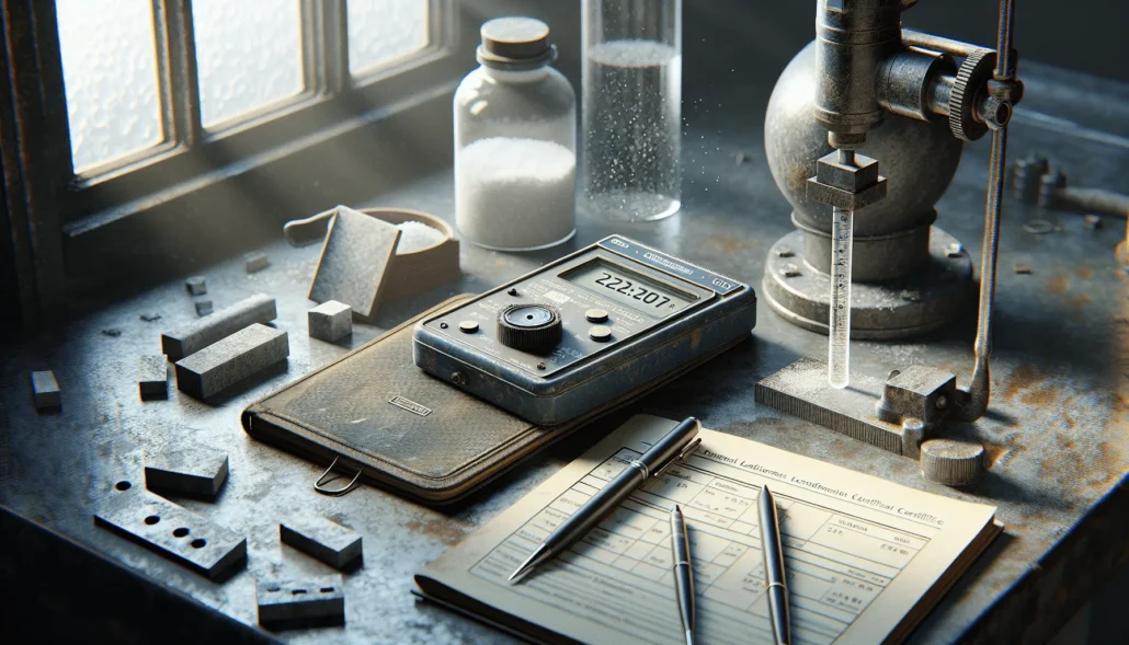 Portable TDS meter and lab notebook used for quality control testing of industrial salt on a weathered metal work surface.