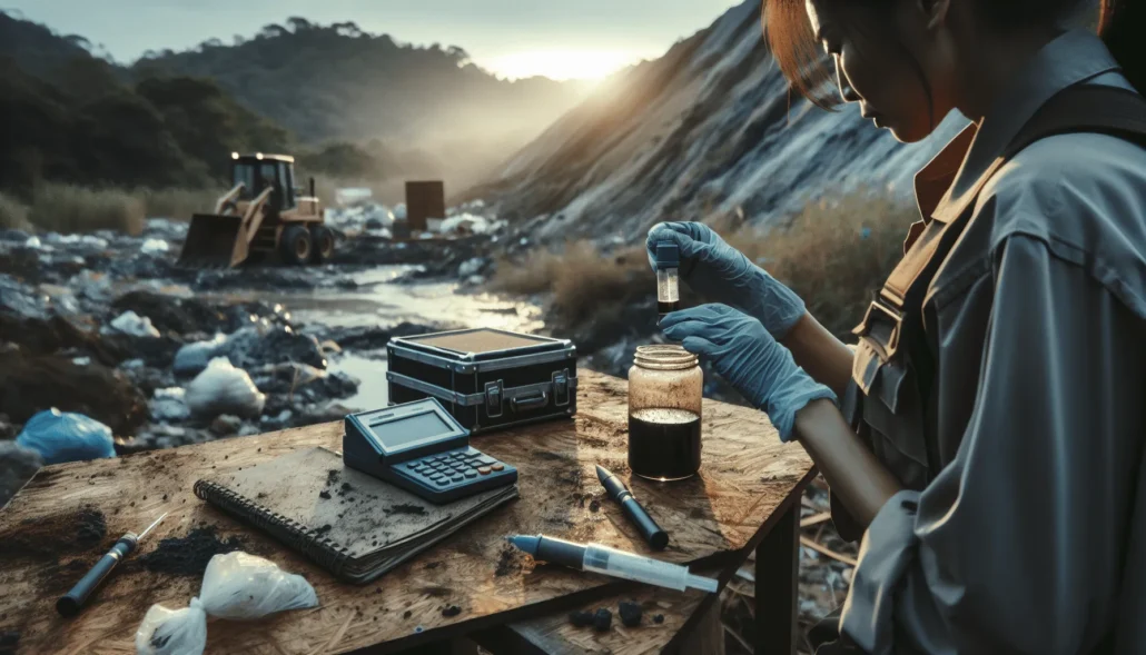 Environmental technician analyzing dark leachate with a portable device at a landslide waste site.