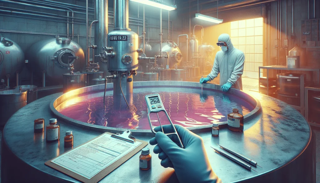 Technician validating anodizing solution temperature with a digital thermometer in an industrial tank, following standard procedures.