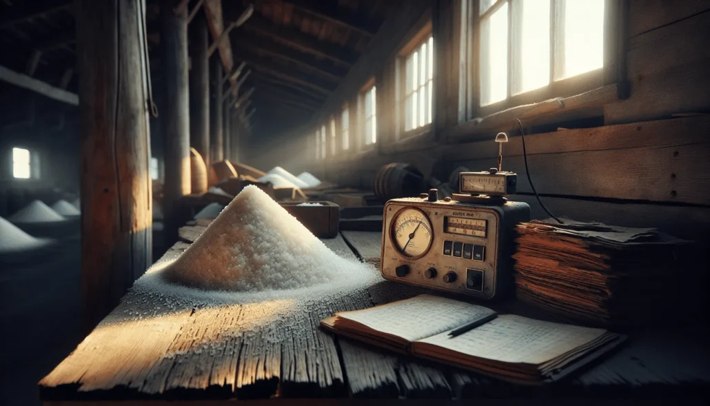 Weathered wooden workbench in a salt production facility with an electrical conductivity meter placed next to coarse salt crystals, illustrating the process of verifying salt quality and NaCl content.