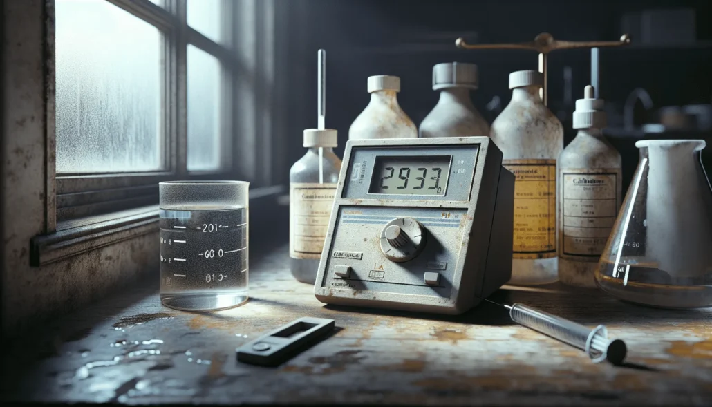 Troubleshooting worn pH meter and calibration solutions on a wooden lab bench for alcohol formulation precision