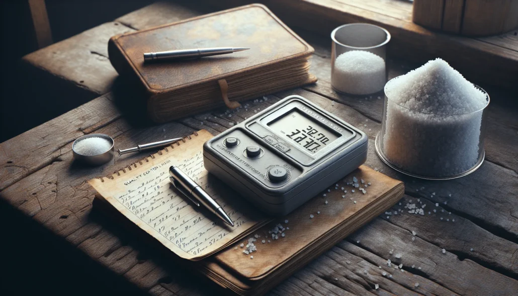 Portable salt meter on a wooden table measuring coarse sea salt for quality control, with calibration notes in the background.