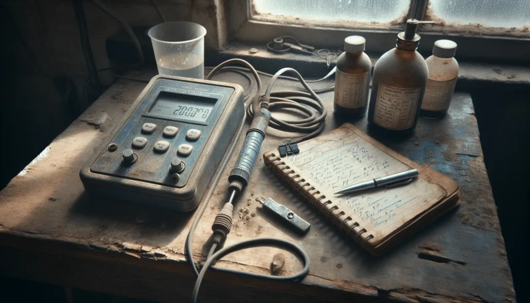 Worn pH/EC meter on workbench with calibration solution bottle, handwritten calibration log for ISO 13485 audit traceability.