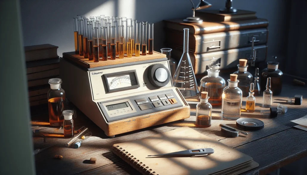 Colorimeter measuring liquid drug samples in vials, with digital thermometer, for evaluating pharmaceutical color stability under temperature influence.