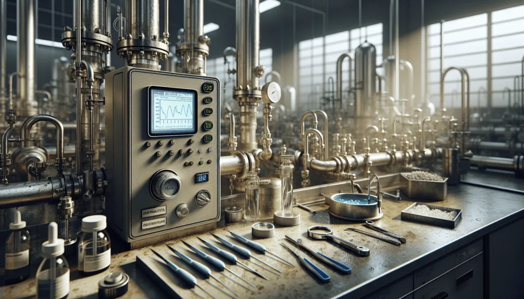 A pH monitoring station in a pharmaceutical water purification control room, showing stable readings for quality assurance.