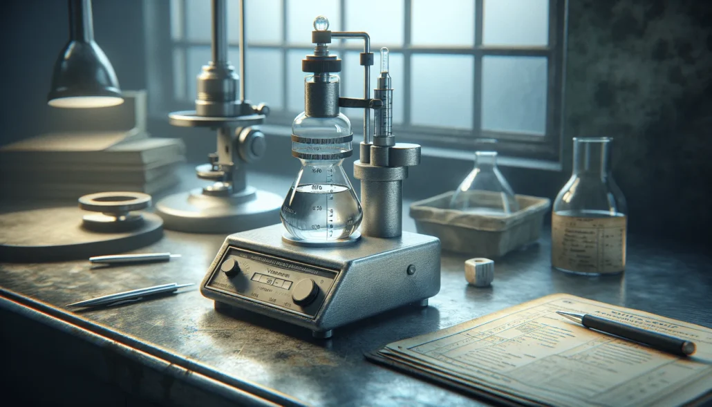 Close-up of a glass viscometer measuring clear liquid viscosity on a laboratory bench, following pharmaceutical standards for injection fluid monitoring.